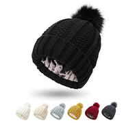Womens Satin Lined Winter Beanie Cable Knit Beanie for Women Silk Lining Thick Chunky Hat Skull Warm cap (Pom-Black)