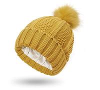 Berretto invernale da donna foderato in raso, lavorato a maglia, con fodera in seta, cappello spesso e grosso con teschio, Pom-senape, Taglia unica