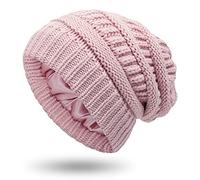 Berretto invernale da donna foderato in raso con cavo in maglia per donna fodera in seta spessa cappello pesante teschio caldo, Grande-slouchy-rosa, Taglia unica