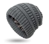 Beanie invernale da donna foderato in raso con cappuccio in maglia per le donne fodera in seta spessa cappello grosso teschio caldo, Grande-slouchy-grigio scuro, Taglia unica
