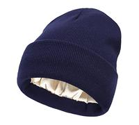 Berretto invernale da donna foderato in raso, lavorato a maglia, con risvolto, fodera in seta, spesso e caldo, Con risvolto, blu navy, Taglia unica