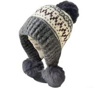 Berretto invernale da donna in maglia a contrasto alla moda con paraorecchie foderato in caldo pile con teschio paraorecchie cappelli da neve per attività all'aperto con clima freddo, beige (grigio)