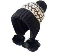 Berretto invernale da donna in maglia a contrasto alla moda con paraorecchie foderato in caldo pile con paraorecchie da neve per attività all'aperto con clima freddo, beige (nero)