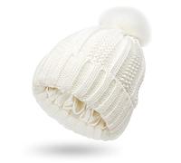 Berretto invernale da donna in raso, lavorato a maglia, per donna, in seta, spesso, con teschio, caldo, Pom-bianco, Taglia unica