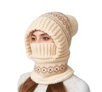 Berretto invernale da donna, piumino anti e confortevole, berretto termico con copertura per viso e sciarpa integrata, per sci, escursionismo, sport invernali e città, Colore panna.