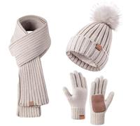 Berretto invernale da donna, sciarpa e set di guanti, berretto invernale da donna con pompon foderato in pile, caldo, sciarpa calda, set 3 in 1