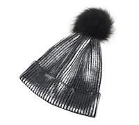 Berretto invernale e autunnale chic, con pompon e teschio metallizzato lucido,