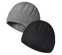 Berretto Invernale in Maglia da Donna Uomo Unisex - Miki Hat Swag Trawler Beanie Hat Grossa Unita - Cappello Moda Arrotolato Bordo Watch Cap - Nero + Grigio Chiaro