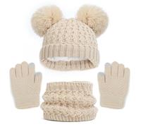 Berretto invernale per bambine e bambini, set di sciarpe, set di cappelli per bambini, cappelli con pompon a maglia, scaldacollo, guanti foderati in pile, beige., 1-6 Anni