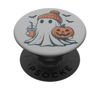 Berretto lavorato a maglia carino fantasma autunno caffè Halloween accogliente vintage PopSockets PopGrip Adesivo