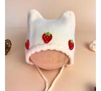 Berretto Lavorato A Maglia Con Orecchie Di Gatto Da Bambina Da 1 Pezzo Con Decorazione Di Fragole, Adatto Per L'uso Quotidiano In Autunno E Inverno 0-6M,1-2Y,3-12M,3-8YFrutta & verduraAcrilica
