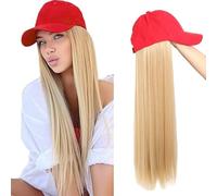 Berretto rosso parrucca da donna cappello da baseball con capelli lunghi dritti anti-sole traspirante 57 cm