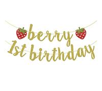Berry, striscione per primo compleanno, con fragole glitterate, decorazione per il primo compleanno (oro)