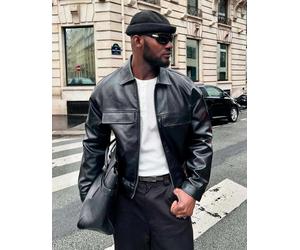 Bershka - Giacca in pelle sintetica squadrata nera-Nero S