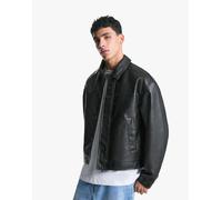 Bershka - Giacca in pelle sintetica squadrata nera-Nero XL