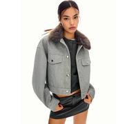 Bershka - Giacca trucker grigia morbida con colletto in pelliccia sintetica-Grigio M