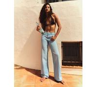 Bershka - Jeans dritti a vita alta luccicanti azzurro chiaro-Blu 38