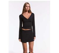 Bershka - Maglietta a maniche lunghe nera con dettagli arricciati-Nero XS