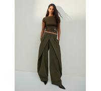 Bershka - Pantaloni bombati kaki con pieghe-Verde 48