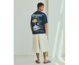 Bershka - T-shirt comoda blu con stampa-Blu navy S