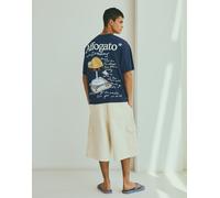 Bershka - T-shirt comoda blu con stampa-Blu navy XS