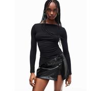 Bershka - T-shirt nera asimmetrica a maniche lunghe-Nero S