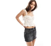 Bershka - Top a corsetto allacciato sul davanti écru a fiori rosa M