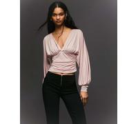 Bershka - Top a maniche lunghe arricciato rosa S