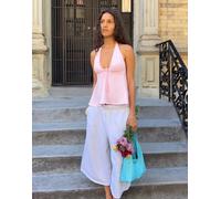 Bershka - Top allacciato al collo in lino rosa con laccetti L