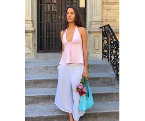 Bershka - Top allacciato al collo in lino rosa con laccetti L