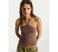 Bershka - Top allacciato al collo marrone con borchie L