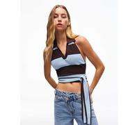 Bershka - Top con colletto e nodo sul retro blu denim L
