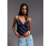 Bershka - Top in rasatello blu con finiture in pizzo-Blu navy M