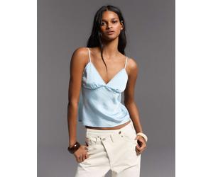 Bershka - Top in rasatello giallo chiaro con finiture in pizzo-Blu M