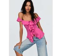 Bershka - Top rosa acceso con scollo alla Bardot e volant XS