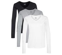 Berydale Maglietta a maniche lunghe con scollo a V in 100% cotone, Donna, Nero/bianco/grigio (confezione da 3), 2XL
