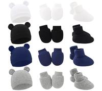 Besforta Set di 4 berretti e guanti in morbido cotone con orecchie da orso, cappello da ospedale per neonati, Bianco, nero, blu navy, grigio chiaro (tessuto a doppio strato), 0-3 Months
