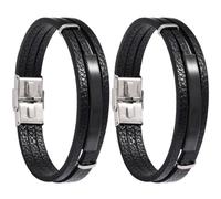 BESPORTBLE Braccialetto di Pelle Nero Multistrato da Uomo 2 Pezzi, Bracciale Punk Vintage Design Liscio e Decorazione da Polso per Musica e Moda Urbana