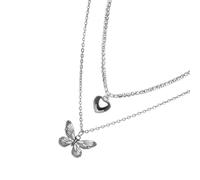 BESPORTBLE Collana Girocollo Donna in Argento a 2 Strati Ciondolo Farfalla e Cuore Choker Creativo a Due Livelli per Outfit da Giorno e Sera Accessorio Elegante per Abbigliamento