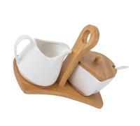 BESPORTBLE Cucina in Ceramica Bianca con Zuccheriera Lattiera Cucchiaio e Vassoio in Bamboo Elegante Contenitore Compatto per Zucchero e Panna per Casa Regalo di Inaugurazione