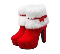 BESPORTBLE Stivaletti Donna Natalizi Invernali Con Plateau e Tacco Stivaletto Corto in Pelliccia Sintetica Rossa Con Zip Laterale Antiscivolo e Comodo Per Regalo Di Natale