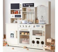 besrey Cucina Giocattolo per Bambini in Legno 105cm con Luci e Suoni, Beige | Con microonde, dispenser di ghiaccio e area per la raccolta differenziata; ampio spazio per giocare insieme dai 3 anni