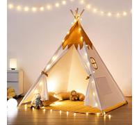 besrey Tenda per Bambini da Gioco in Tela Indiana Teepee in Cotone con Tappetino Imbottito e Luci Fatate (Giallo Pulcino)