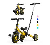 besrey Triciclo per Bambini 5-in-1 con Maniglia di Spinta per il Genitore a 5 Altezza per 1-5 Anni, Triciclo per Bambini Pieghevole, Bici per Bambini con Frizione a Ruota, Ruote Più Grandi, giallo