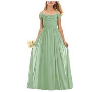BessDress Abito da damigella junior in chiffon con spalline scoperte, a linea, lungo, per matrimonio, festa, abito da damigella, abito da sera, abito da ragazza con fiori, Verde salvia, 10 anni