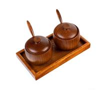 Besshepplo Barattoli per condimenti in legno con coperchi e cucchiai, confezione da 2 contenitori rustici per spezie per sale, zucchero, erbe, vassoio organizer da cucina incluso, marrone, 24 x 14 x