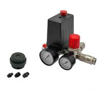 Besshepplo Commutatore per compressore d'aria, valvola a 4 vie, con manometro e silenziatore, per utensili elettrici, struttura compatta in metallo e plastica, nero, 17,4 x 11,55 x 7,45 cm