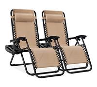 Best Choice Products Set di 2 poltrone reclinabili regolabili in rete d'acciaio Zero Gravity con cuscini e vassoi portabicchieri - sabbia