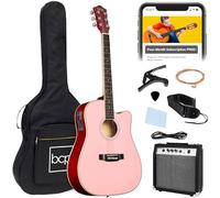 Best Choice Products Set per principianti per chitarra elettrica da 41 pollici, incisione in legno, concerto, cintura, plettro rosa