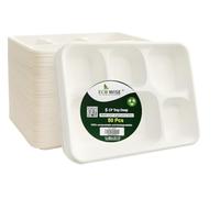 Best House Another Fine Product Best House EcoWise - Piatti piani 100% compostabili e biodegradabili, 5 scomparti, vassoio per alimenti 5CP, vassoi di carta da zucchero usa e getta ecologici (confezio
